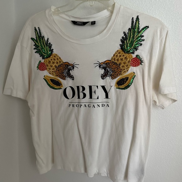 Obey Tiger sequin RARE white tshirt size small - Picture 1 of 4